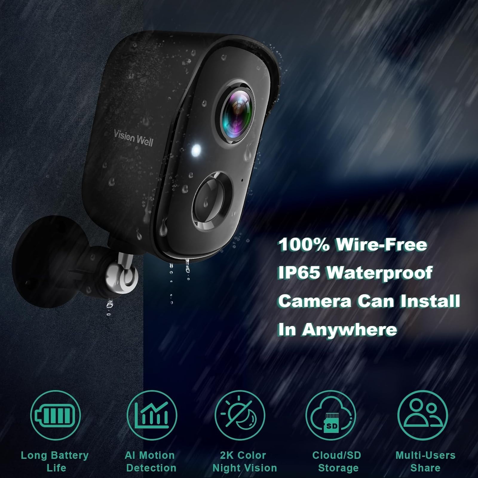 VISION WELL CG6S 2K Wireless Outdoor Security Camera WiFi Battery AI