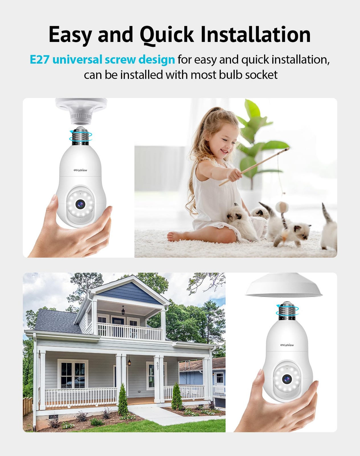 LaView 4MP Bulb Security Camera 2.4GHz,360° 2K 4MP-1PK, White
