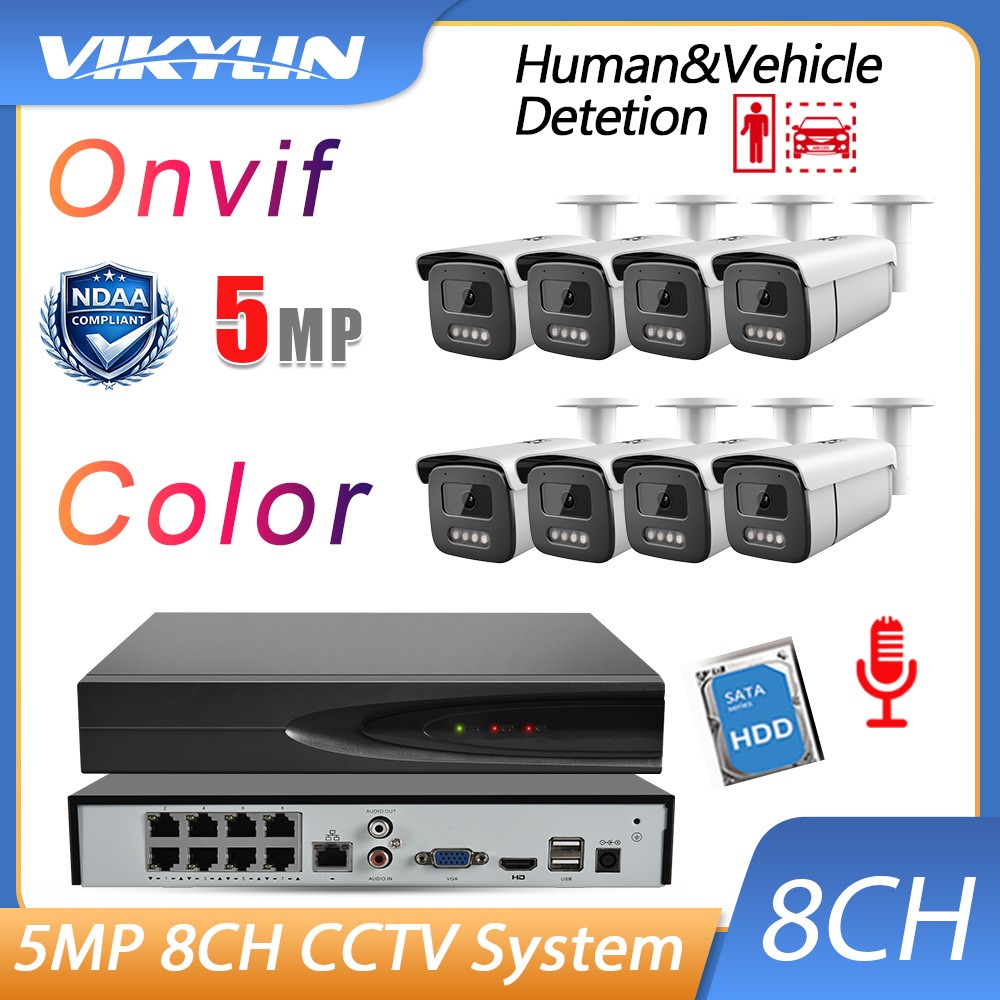VIKYLIN 8CH POE 5MP Full Color Security IP Camera System Built-in MIC Night Lot