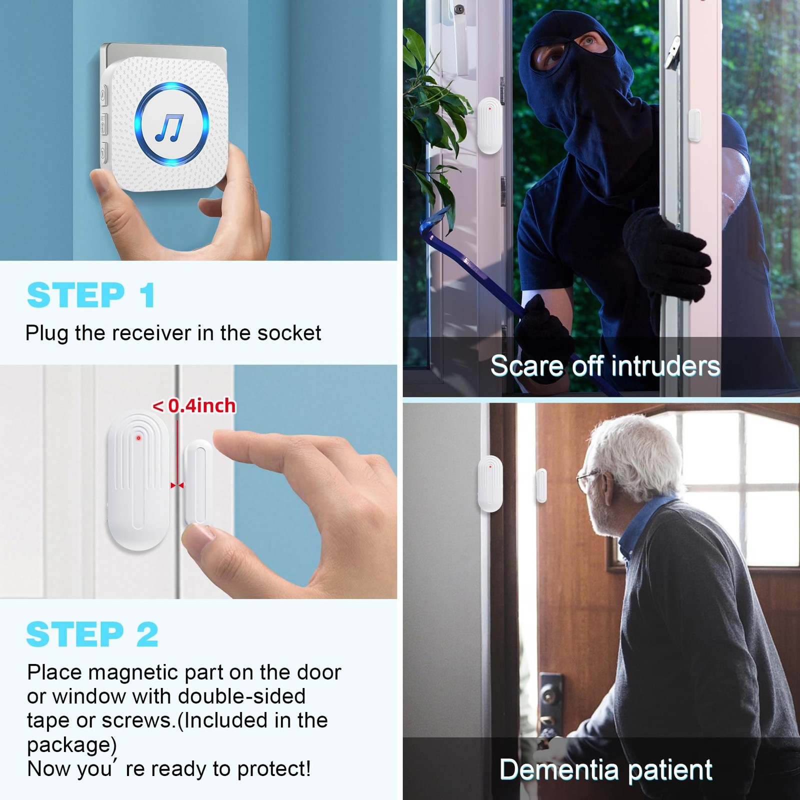 Door Chime,SanJie Wireless Sensor 2 Sensors + 1 Receiver White, White