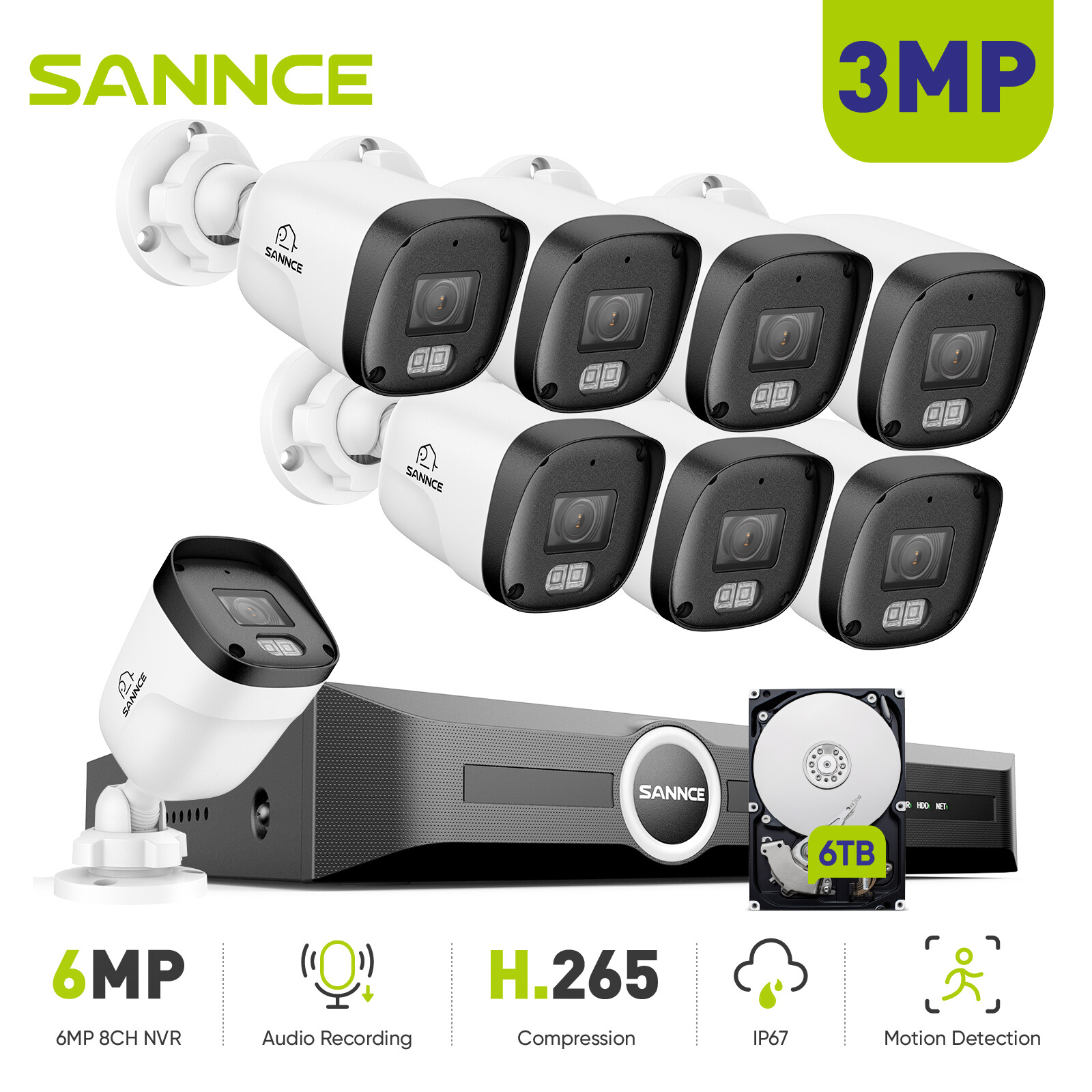 SANNCE 8CH 6MP NVR 3MP AI POE Security Camera System Outdoor Audio Recording IR