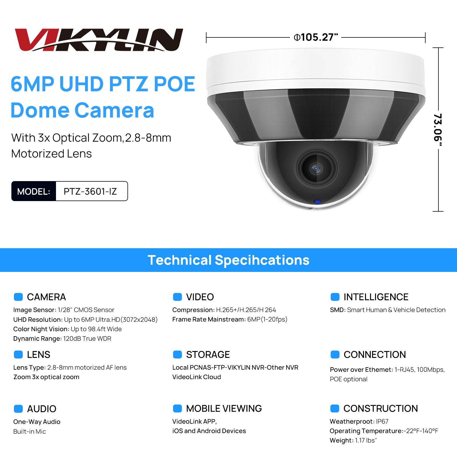 Vikylin CCTV System 16POE 16CH NVR PTZ 3×Zoom IR Mini Dome MIC 6MP Camera MD Lot