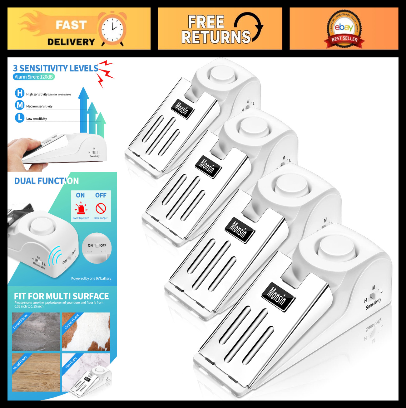 120DB Door Stop Alarm – Security Door Stopper Wedge for Home & Travel (4 Pack)