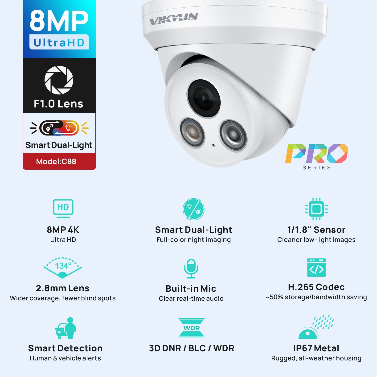 Vikylin 4K 16CH 16POE NVR CCTV System 8MP Camera Outdoor Full Color+IR Audio Lot