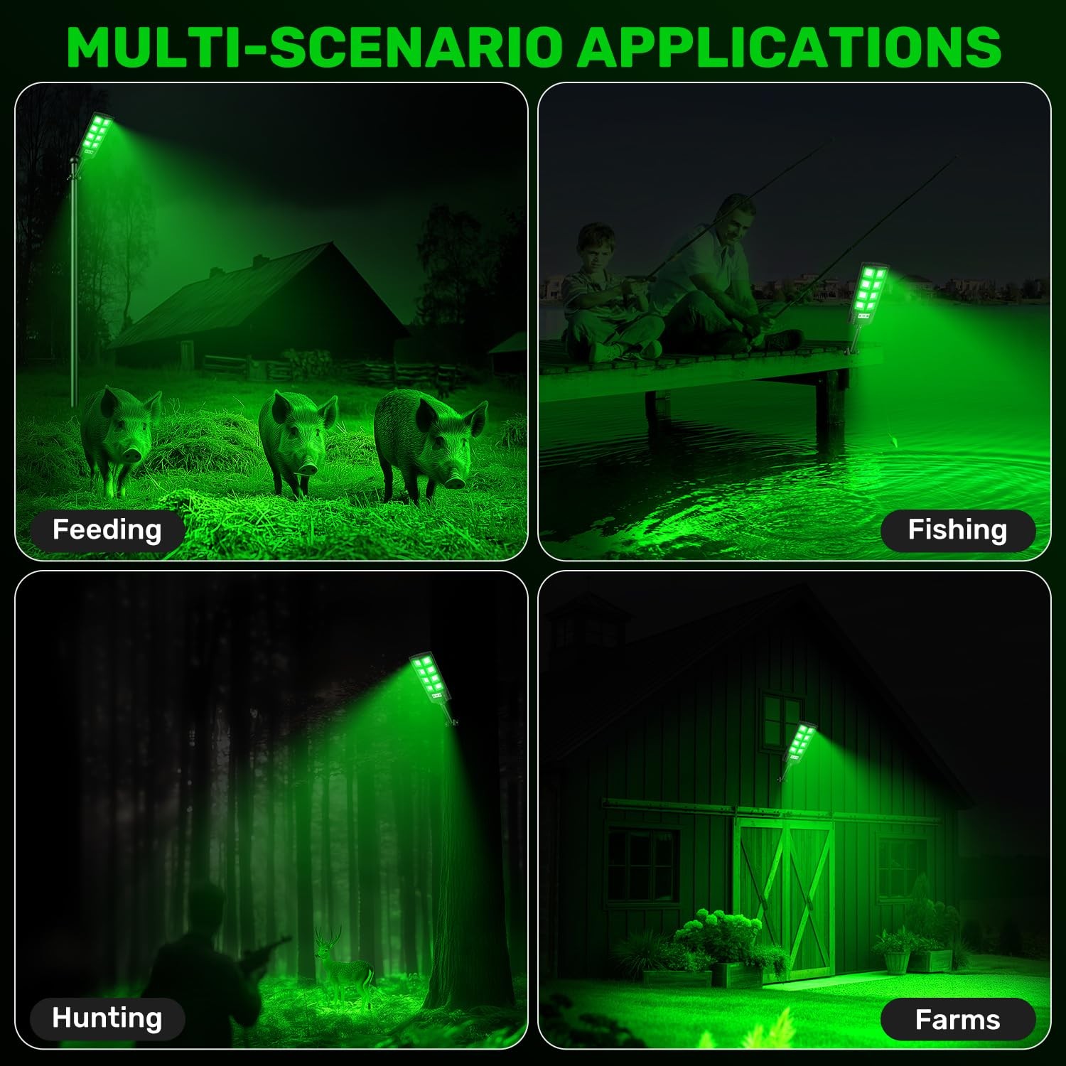 GLOPHOK Solar Hog Lights for Night Hunting, 12000LM Green Hunting Black
