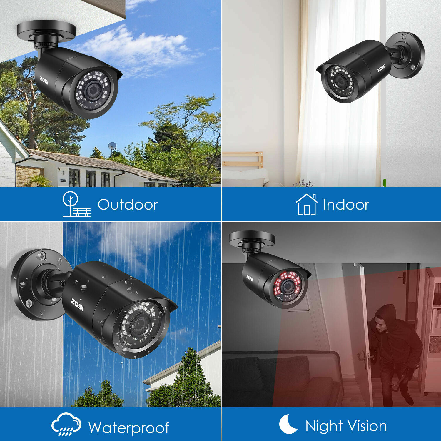 ZOSI 4PK 1080p TVI Security Cameras Outdoor 80ft Night Vision for Home CCTV Kit
