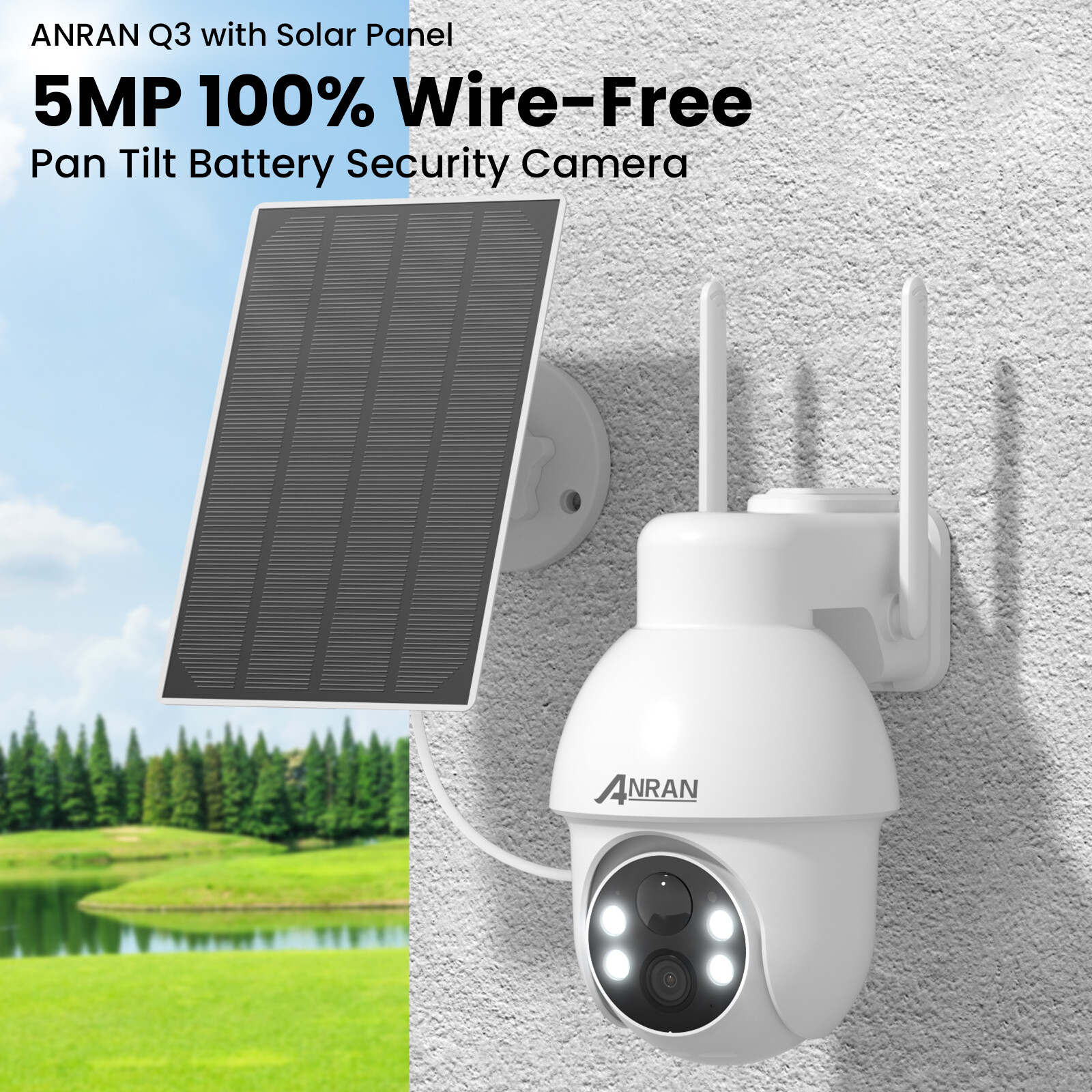 Wireless Security Camera 1296P CCTV Outdoor Battery Powered Pan/Tilt Solar Panel