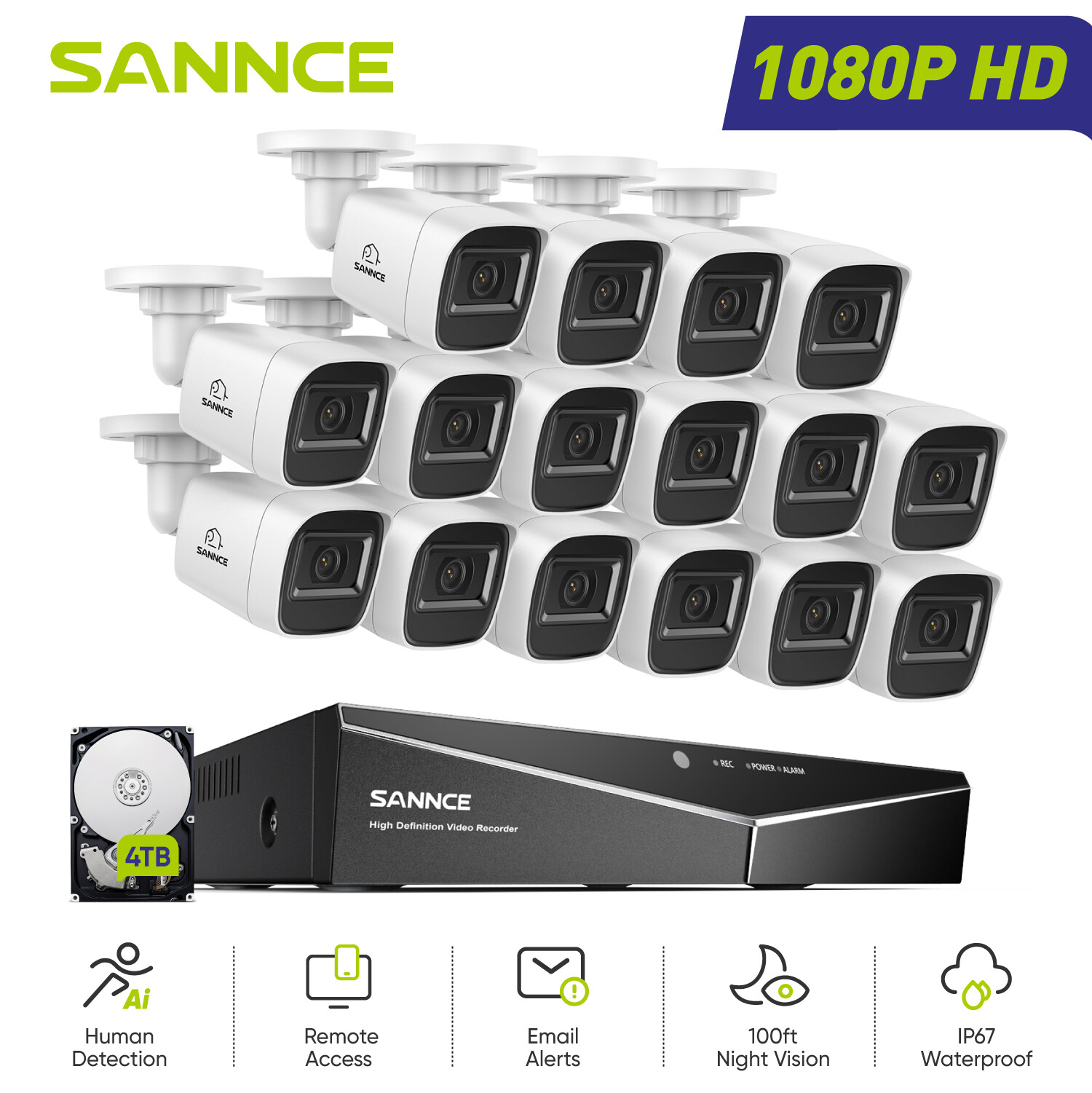 SANNCE H.264+ 16CH DVR 1080P Wired Home Security Camera System Outdoor IR Night