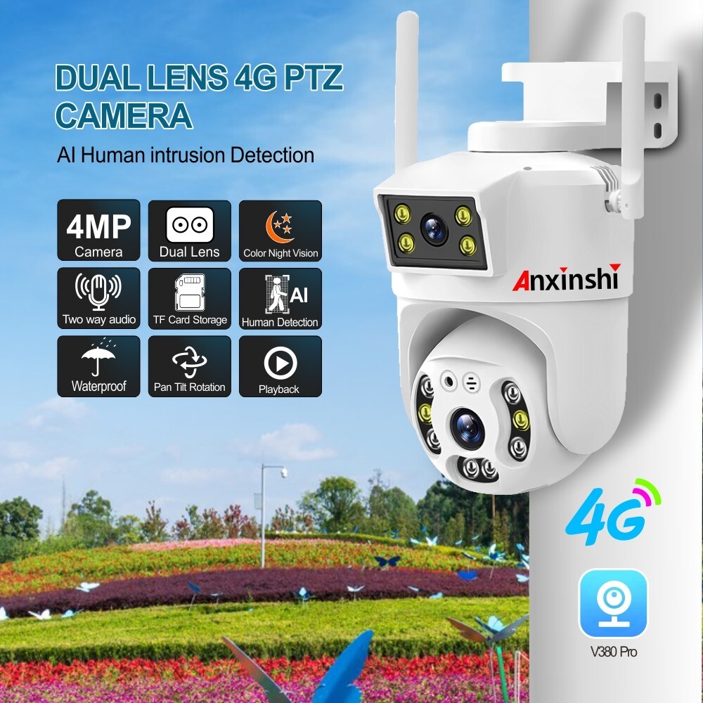 HD 4MP Two-Way Audion AI Human Detection Dual Lens 4G PTZ Camera V380 Pro APP
