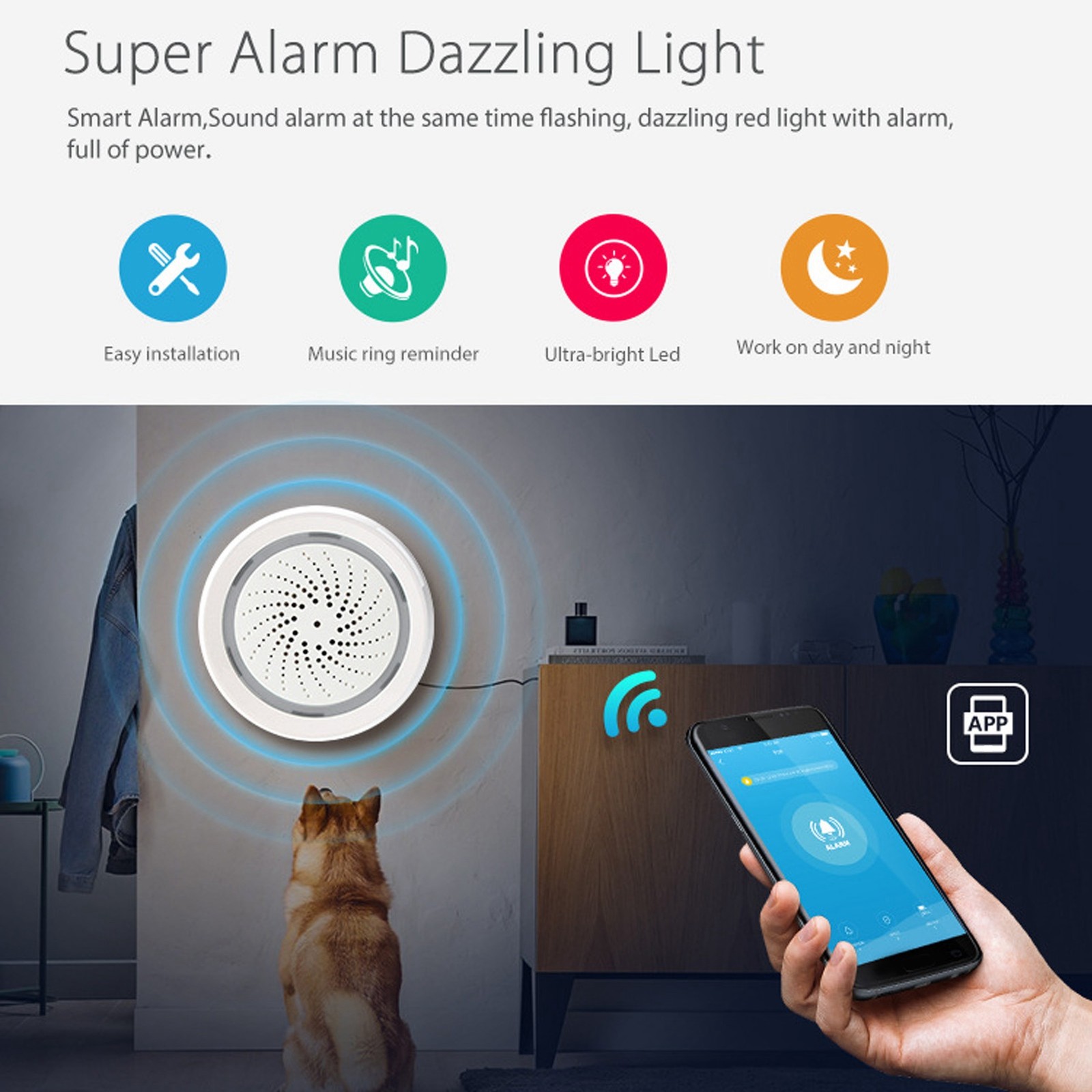 90dB Sound Light Siren Alarm With APP Control Impact Sensitive Burglar Alert