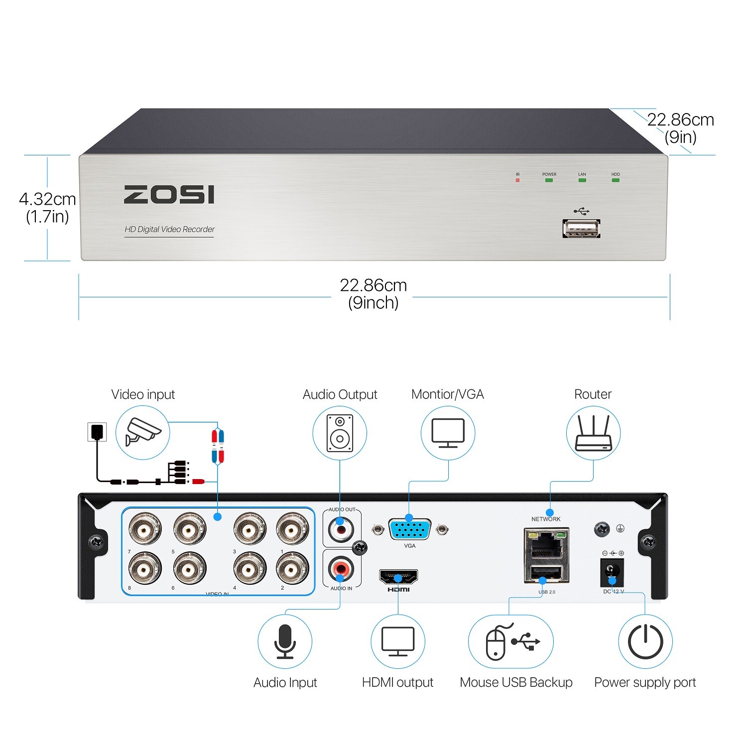 ZOSI 8CH H.265+ 5MP Lite DVR 2MP CCTV Home Security Camera System IR Night IP66