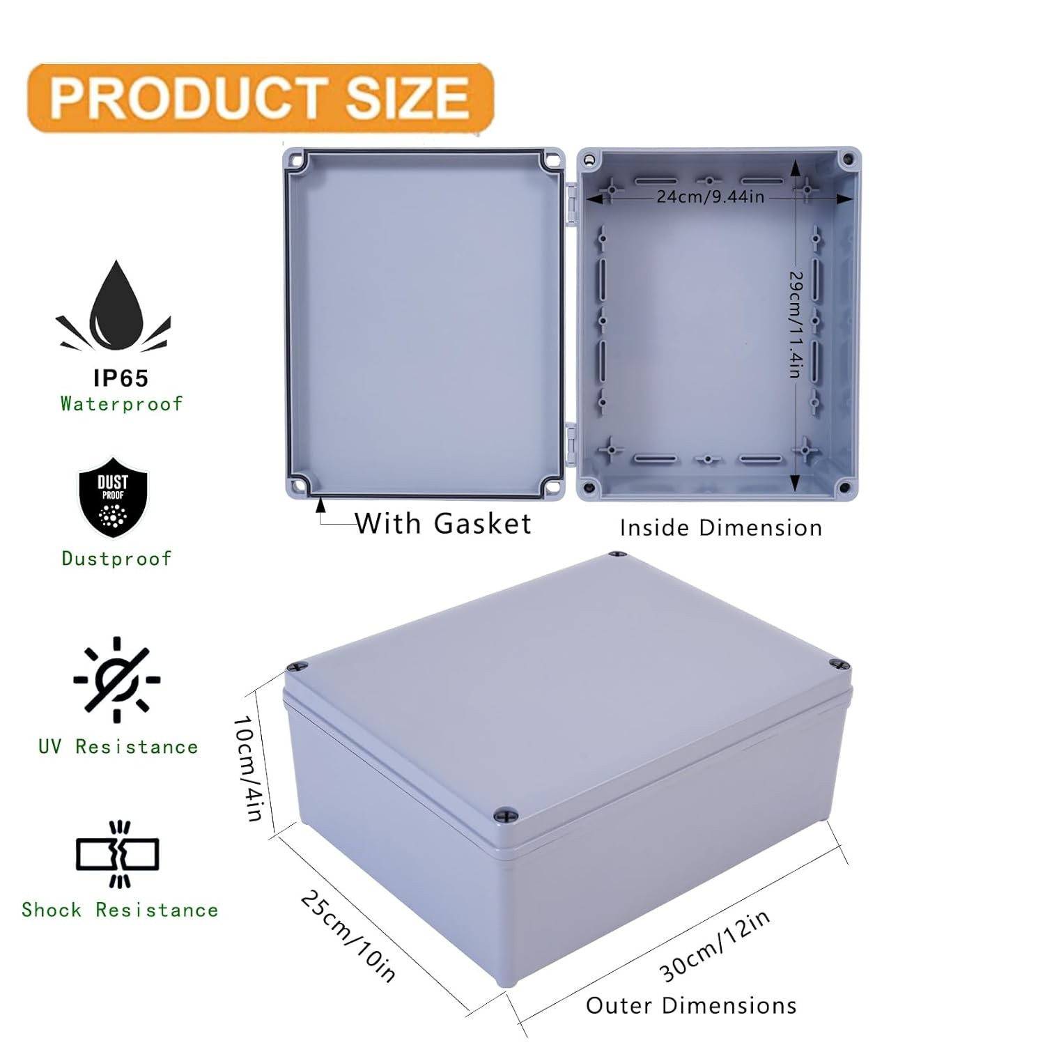 12″ x 10″ x 4″ ABS Plastic Dustproof Waterproof Box IP65 12 x 10 x 4, grey
