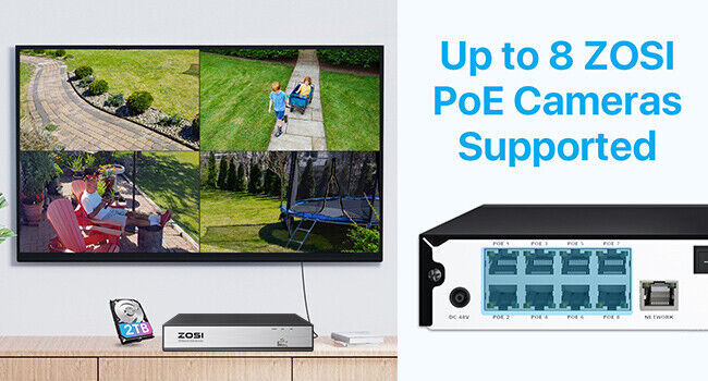 ZOSI 4K 8MP PoE Security Camera System with Spotlight 2-Way Talk Al Detect 2TB