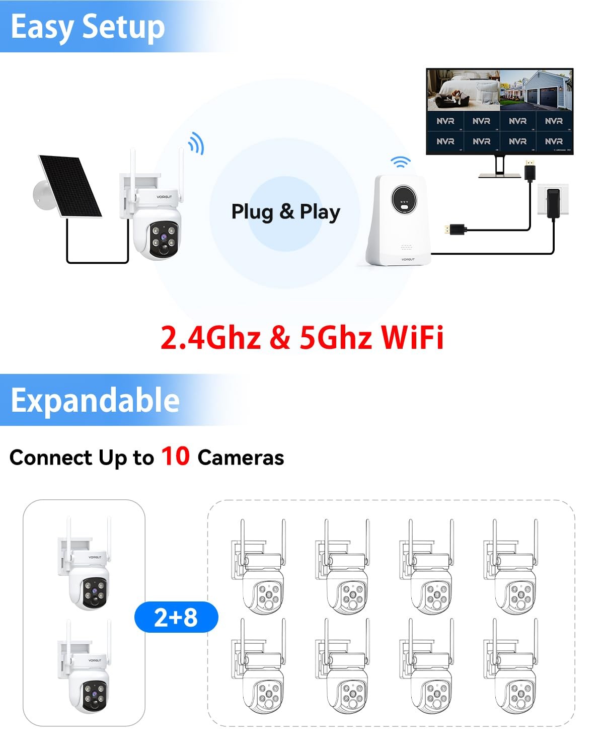 VORGUT Solar Security Cameras Wireless Outdoor, 4MP 2 Cam Kit, white