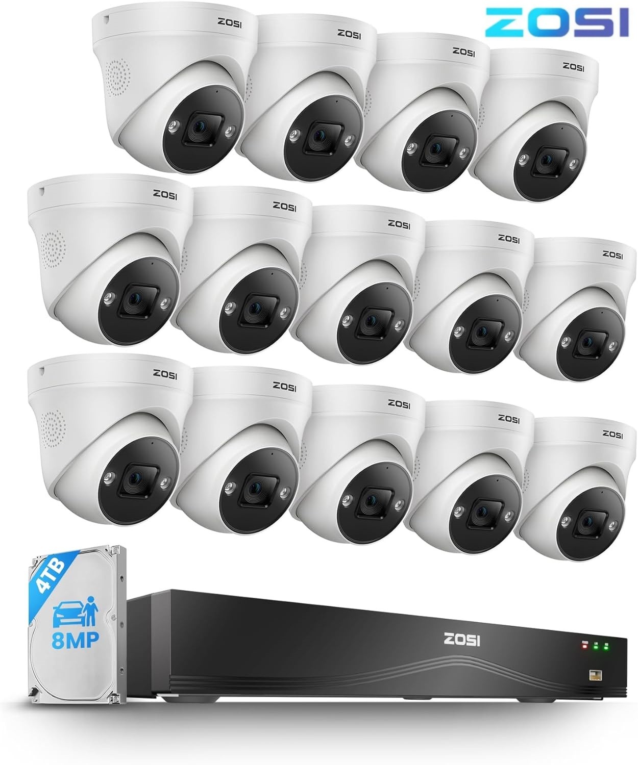 ZOSI 16CH 4K 8MP PoE NVR Security Camera System 8x Dome 4TB HDD AI Audio Outdoor