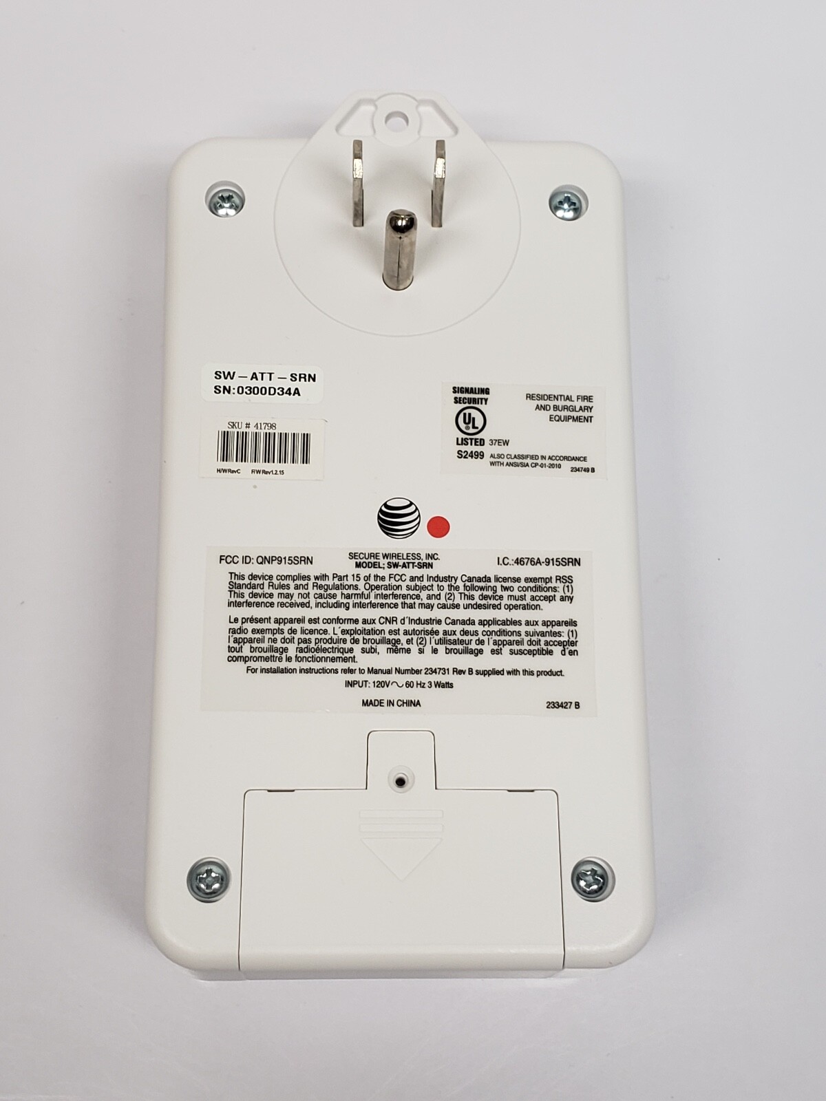 AT&T SW-ATT-SRN 41798 Wall Plug In Siren Wireless Security System
