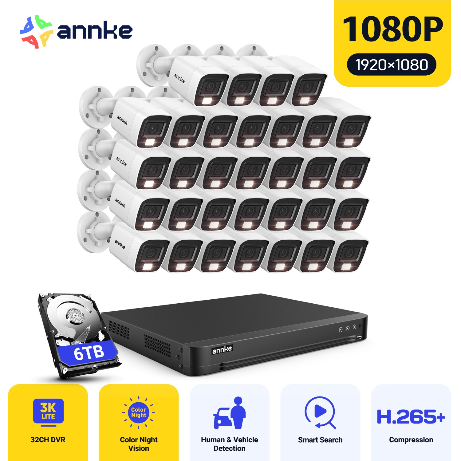 ANNKE 32CH 5MP Lite DVR 1080P Security Camera System Color Night Vision H.265+