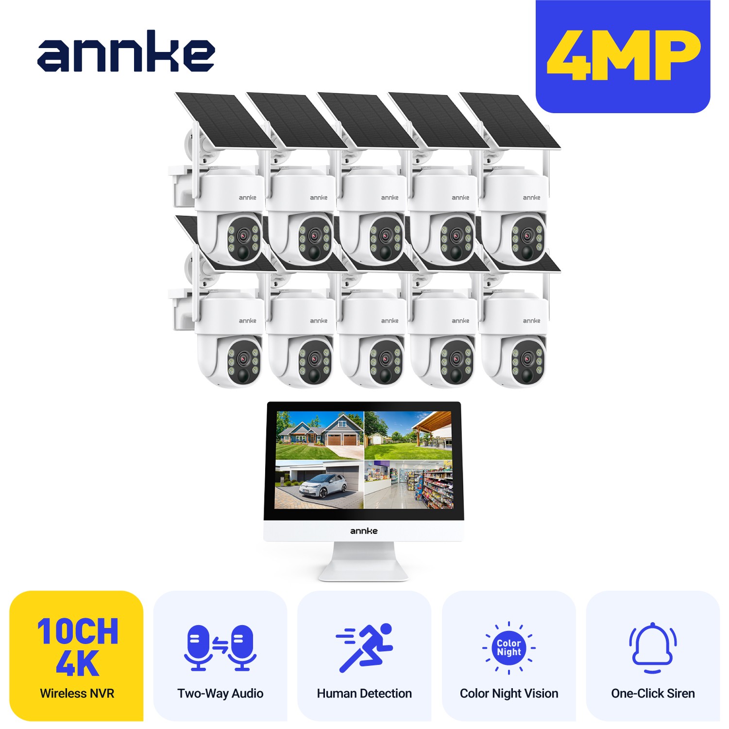 ANNKE Wireless 10CH 12″ Monitor 4MP PT Solar Security Camera System Two-Way Talk