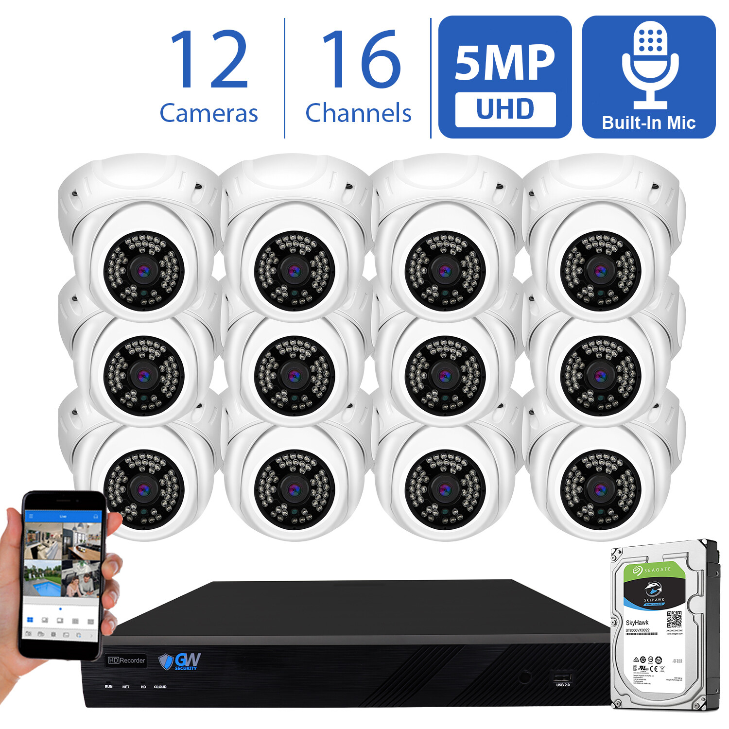16 Channel 8MP 4K NVR 12 X 5MP 1920P PoE Microphone Security Camera System 2TB