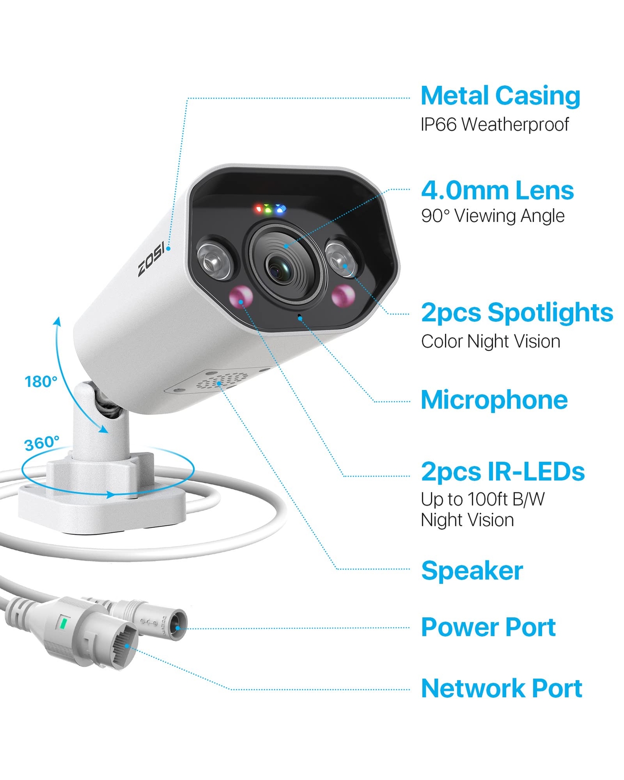 ZOSI 4K 8.0MP PoE IP Weatherproof CCTV Security Camera Color Night Vision Audio