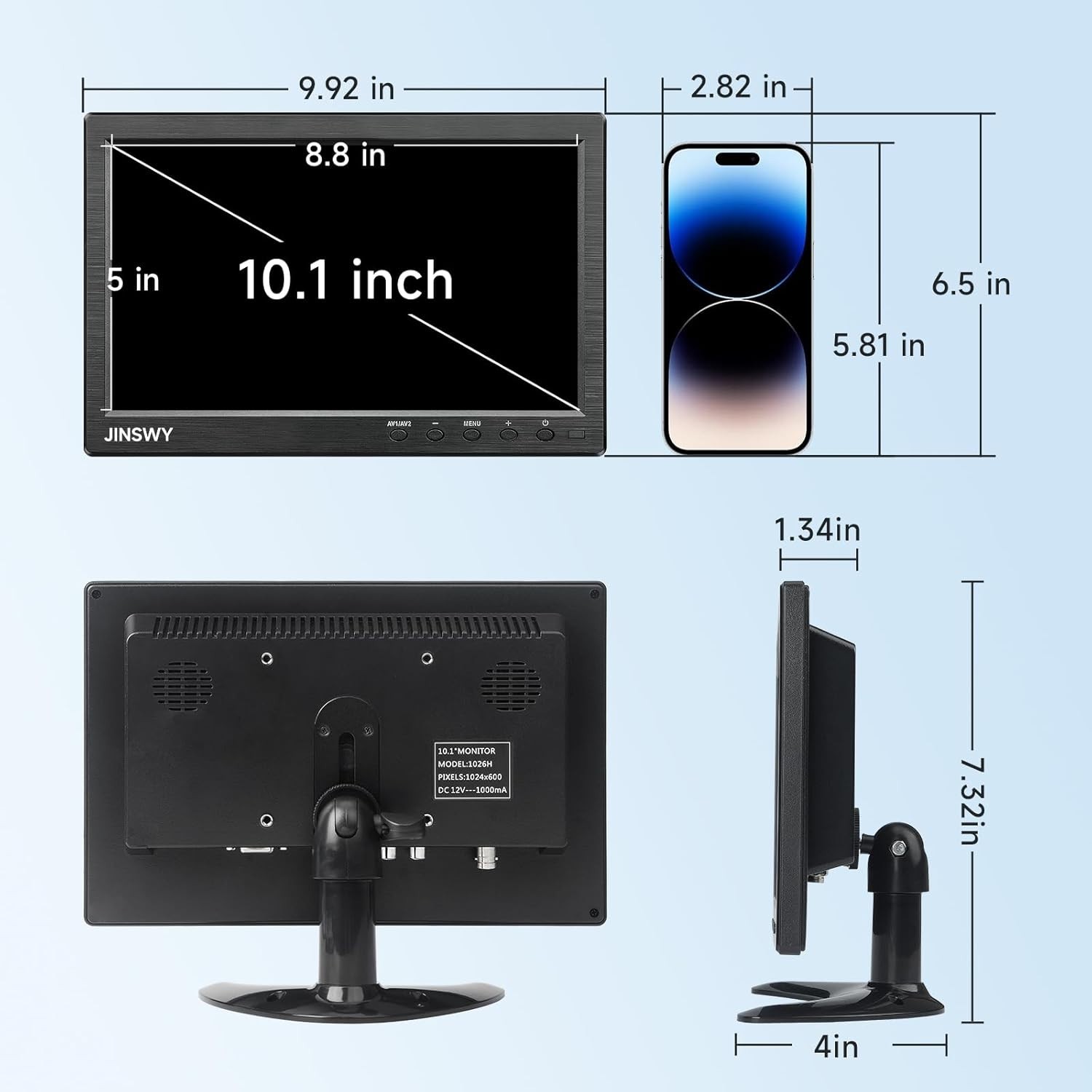 10.1″ HD Security Monitor – Versatile Mini Display with HDMI VGA BNC USB Ports