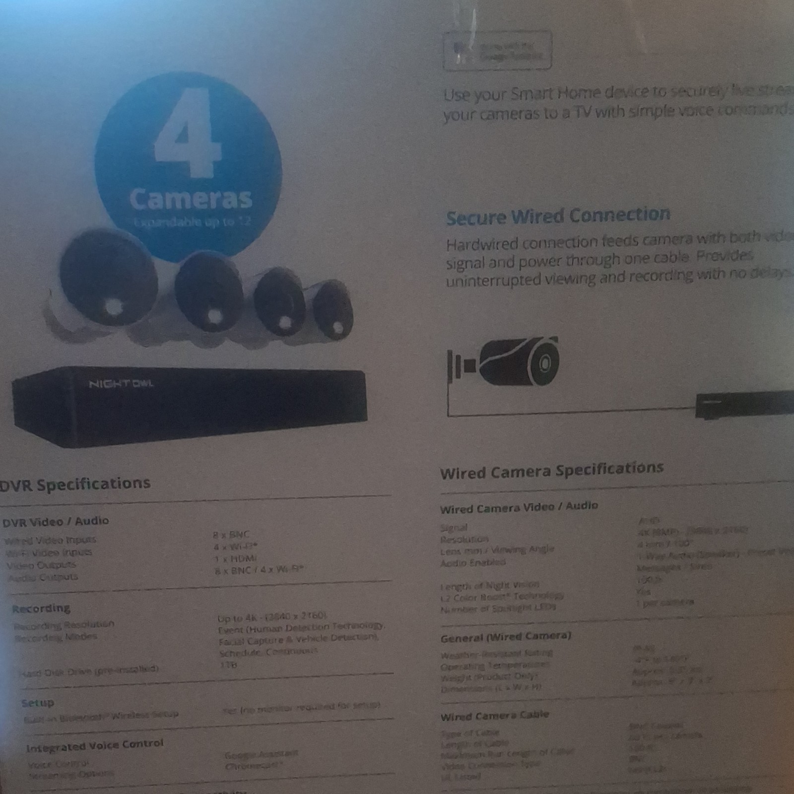 Night Owl 4K UHD Wired 8CH DVR Security System 4 Cameras 1TB Bluetooth