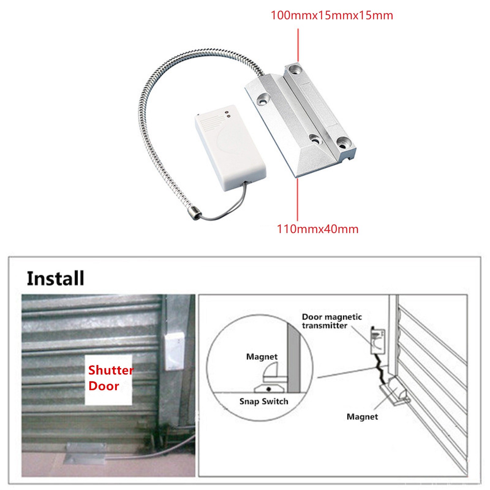 433Mhz Wireless Shutter Door Sensor Garage Roller Switch For Home Alarm System B