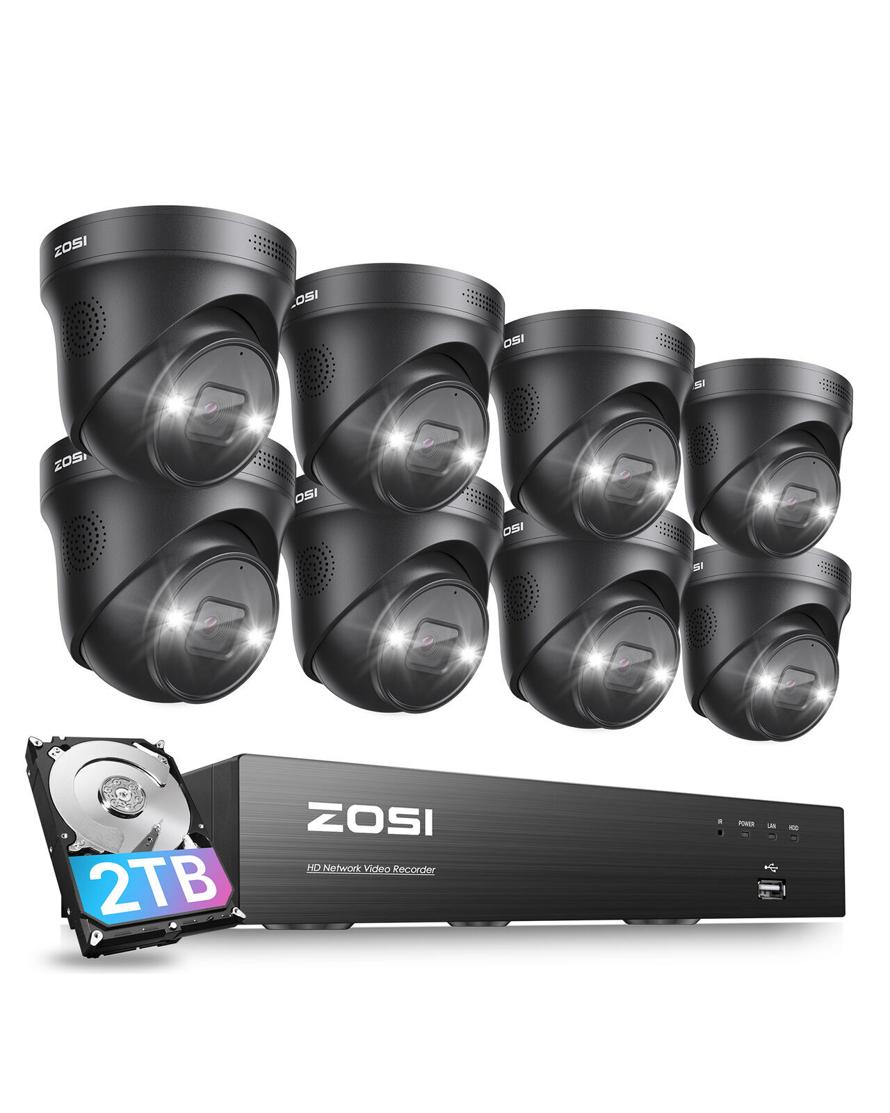 ZOSI 4K 8CH NVR 8MP IP POE Security Camera System AI Alerts Audio 2TB HDD IP66