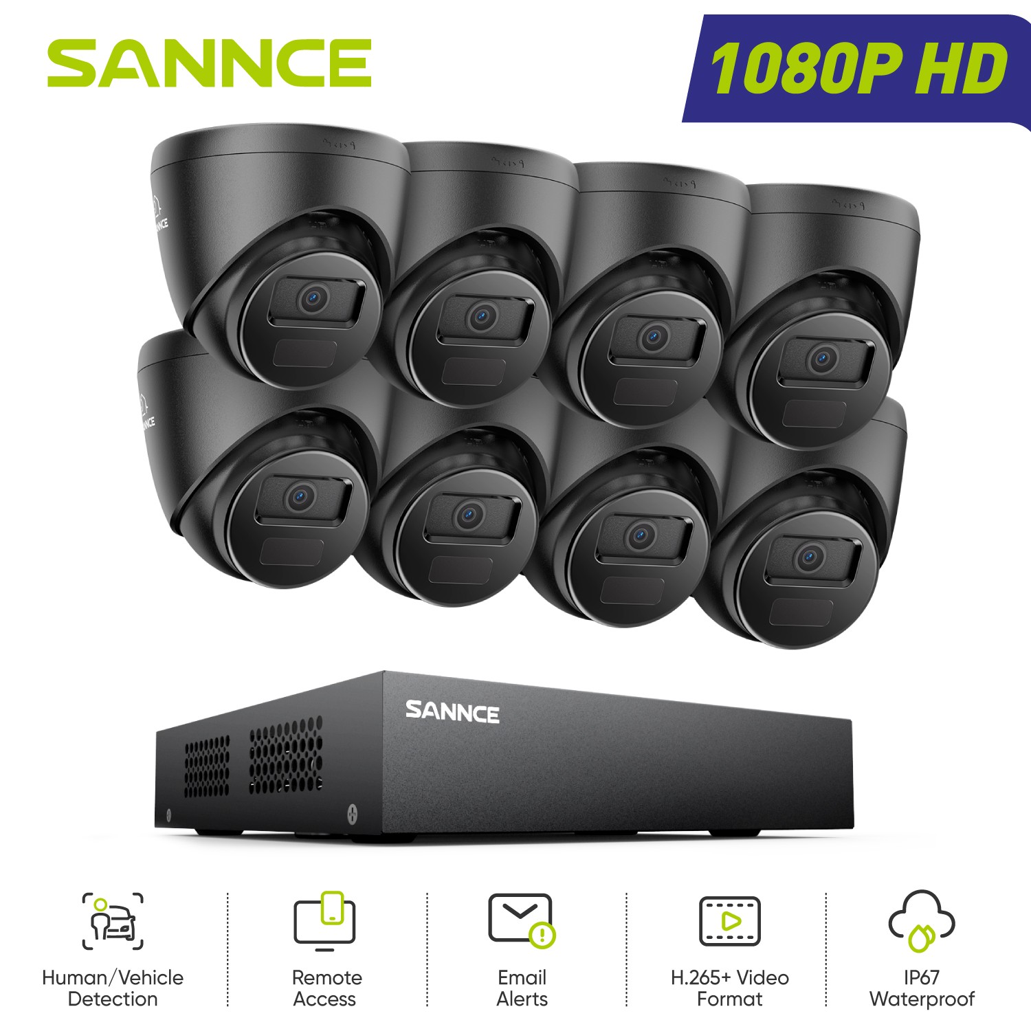 SANNCE 8CH 1080P Lite 5in1 DVR 2MP Video Security Camera System Human Detection