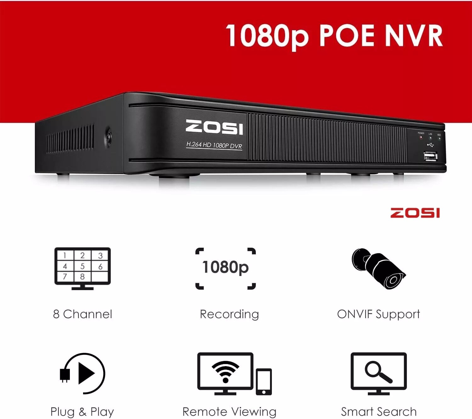 ZOSI 8CH 1080p POE NVR CCTV Security Surveillance System HDMI Port P2P 1TB HDD