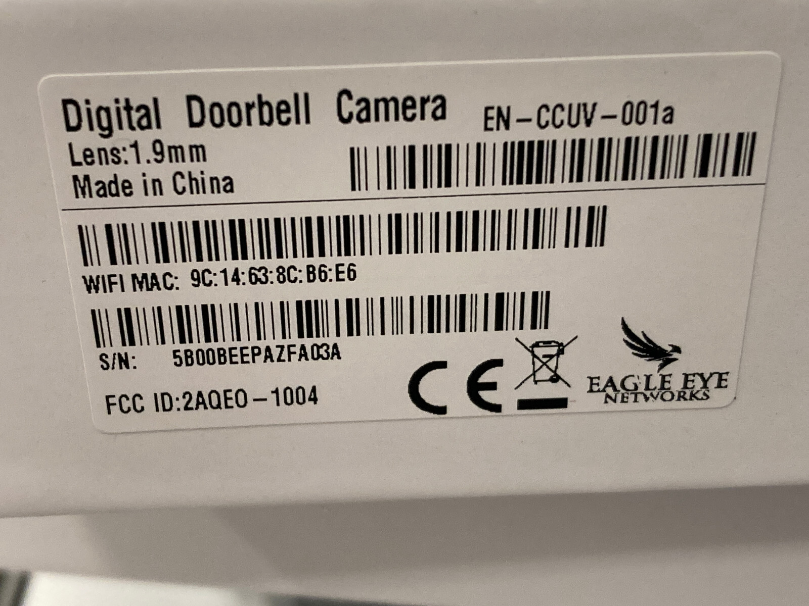 Digital Video Doorbell Camera EN-CCUV-001a NEW