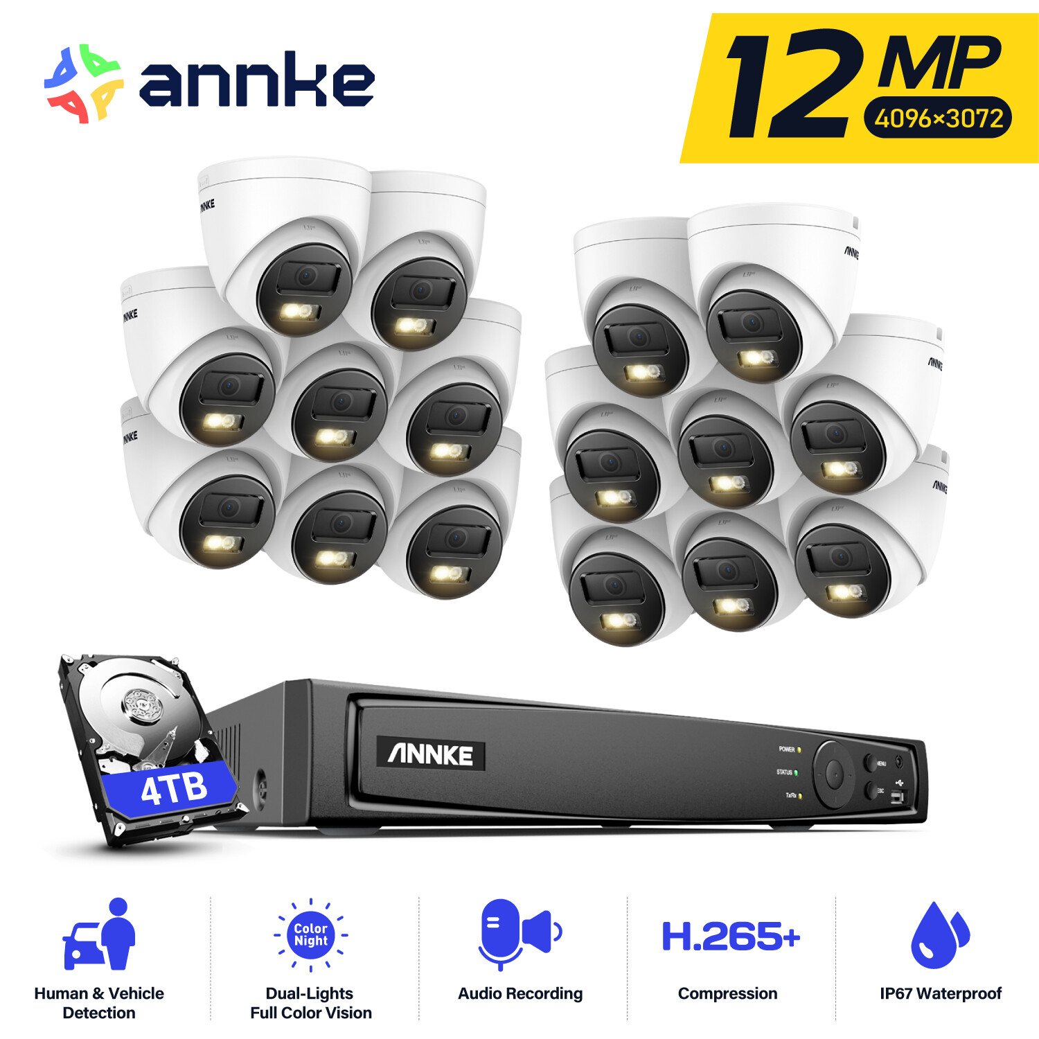 ANNKE 16CH NVR 12MP Color & IR Night Vision PoE IP Security Camera System Audio