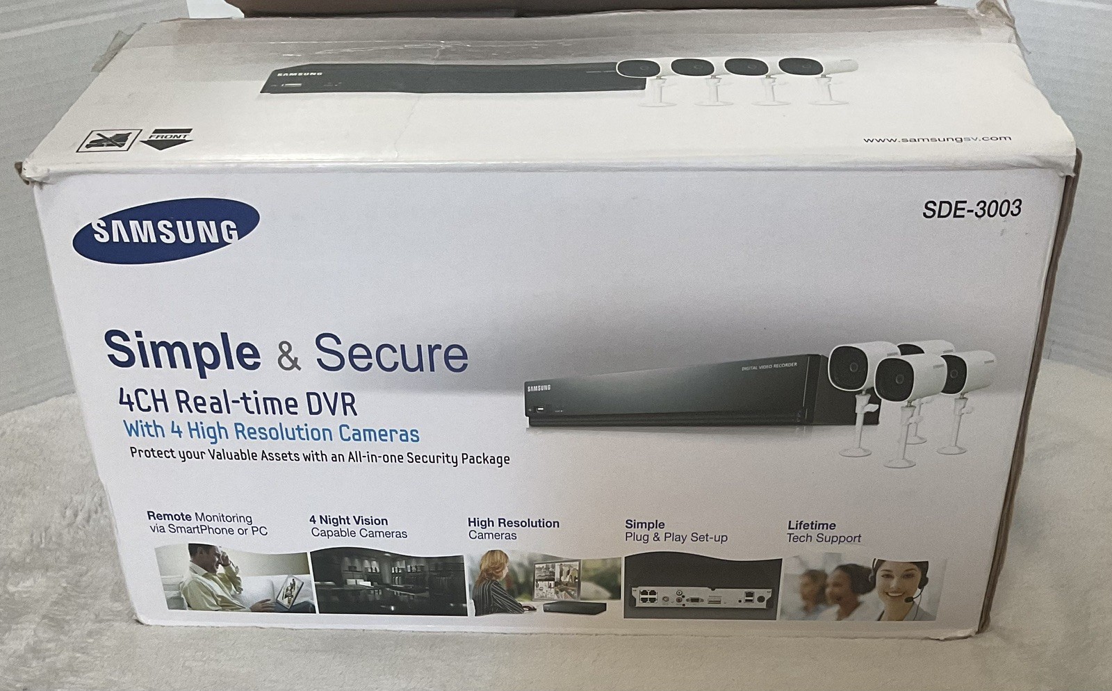 Samsung 4CH Real-Time DVR w/ 4 Hi-Res Cameras 1TB HDD #SDE-3003 New Open Box