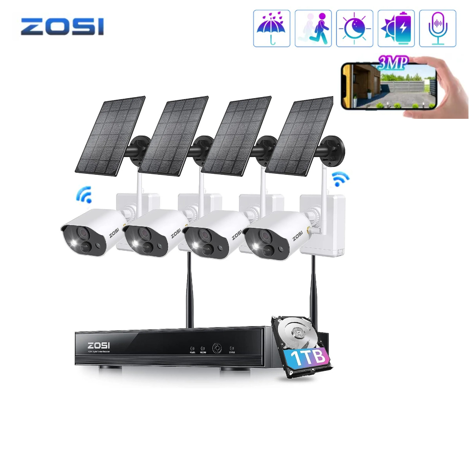 ZOSI 8CH 3MP Wireless Solar Battery Security Camera System Outdoor 2-Way Audio