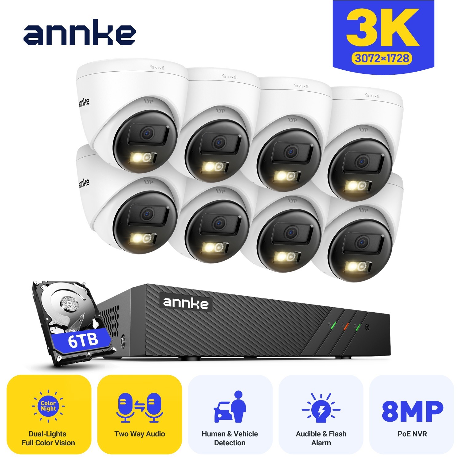ANNKE 3K POE AI Color Night Security Camera System Two Way Audio 8CH 4K NVR IP67