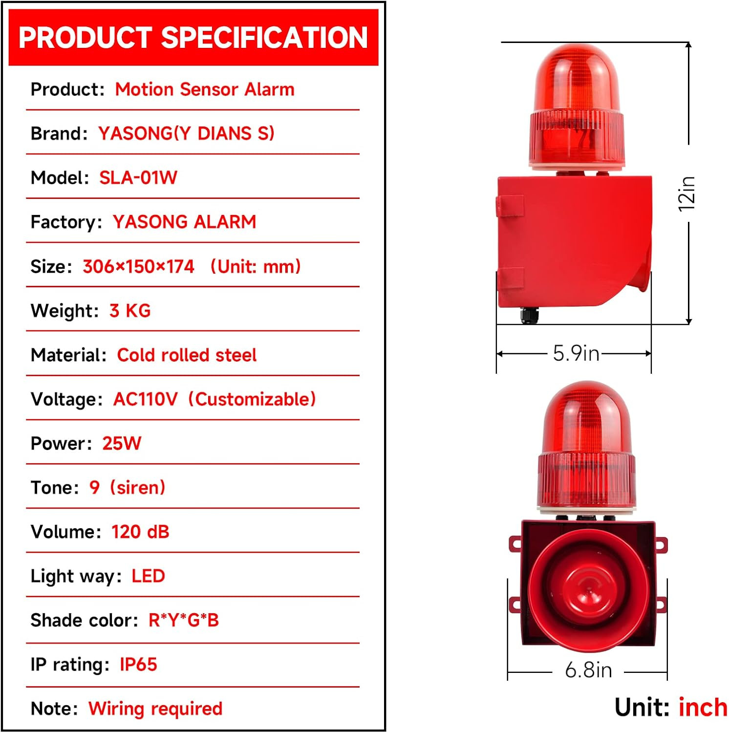 Motion Sensor Alarm 120Db Horn Adjustable Volume Tones Waterproof LED Strobe Lig