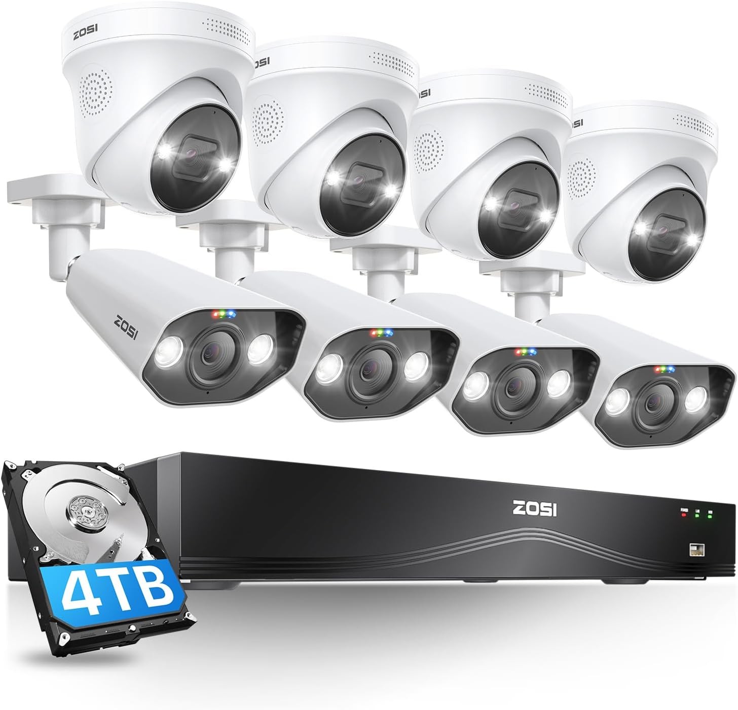 ZOSI 16CH 4K 8pcs 8MP PoE Security Camera System AI Detect 2 Way Audio with 4TB