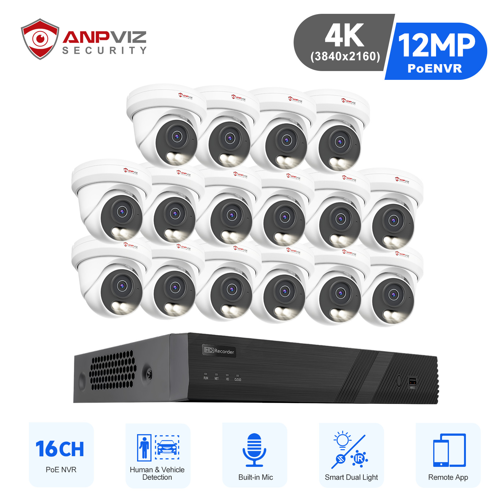 Anpviz 16CH 4K PoE Security System 16x 8MP Wired Outdoor Cameras Color Night