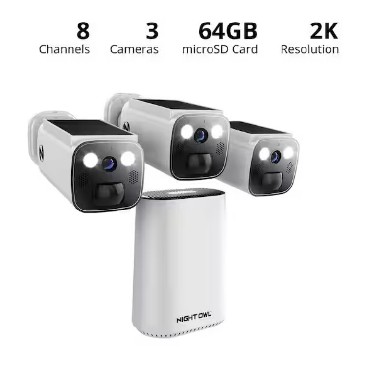 Night Owl 8-Channel 2K 64GB Hub Recorder Security System with 3-Battery Solar