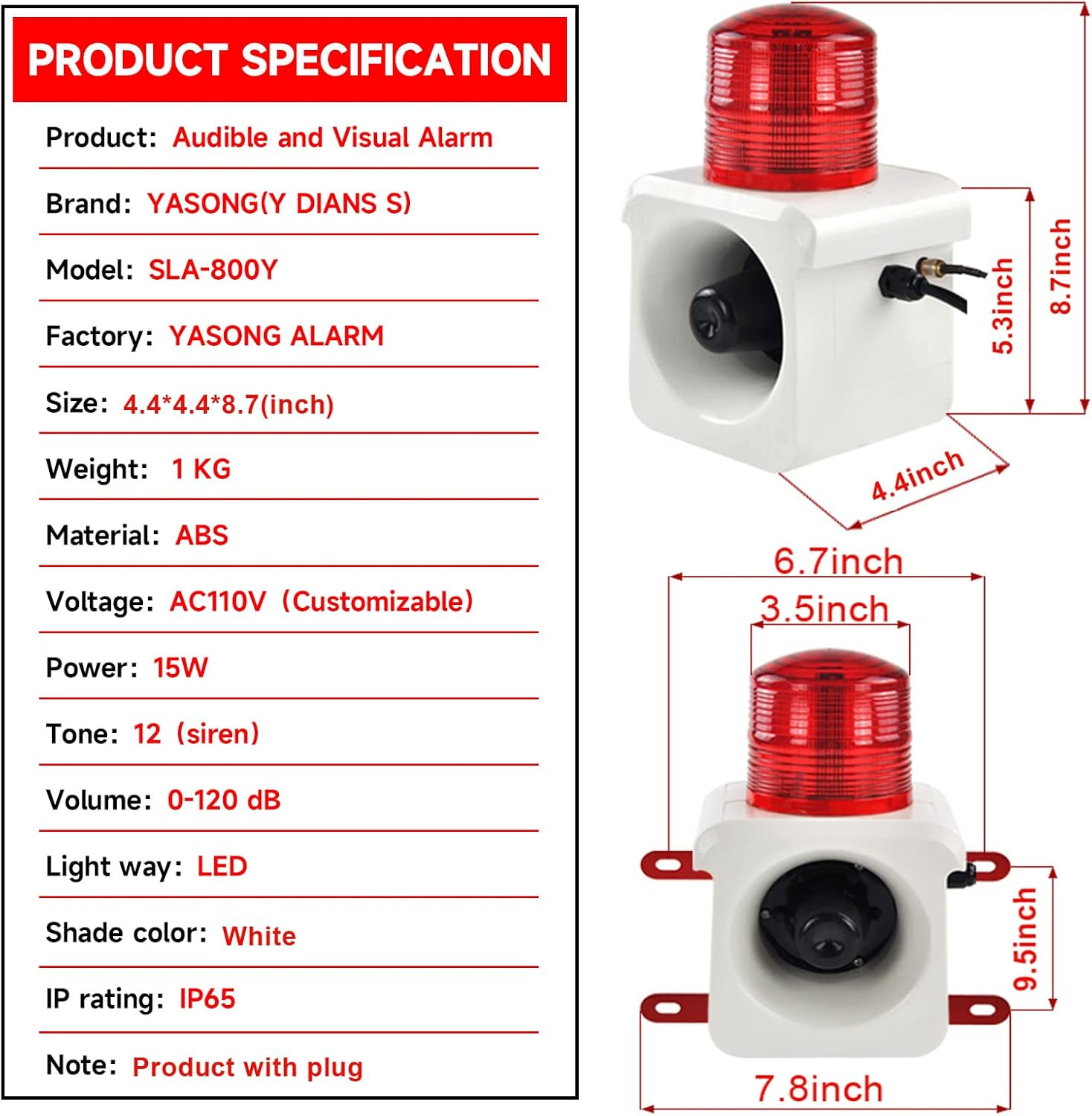 YASONG SLA-800Y Wireless Remote Control Alarm Siren(2Km/1.24 Mi), LED Strobe War