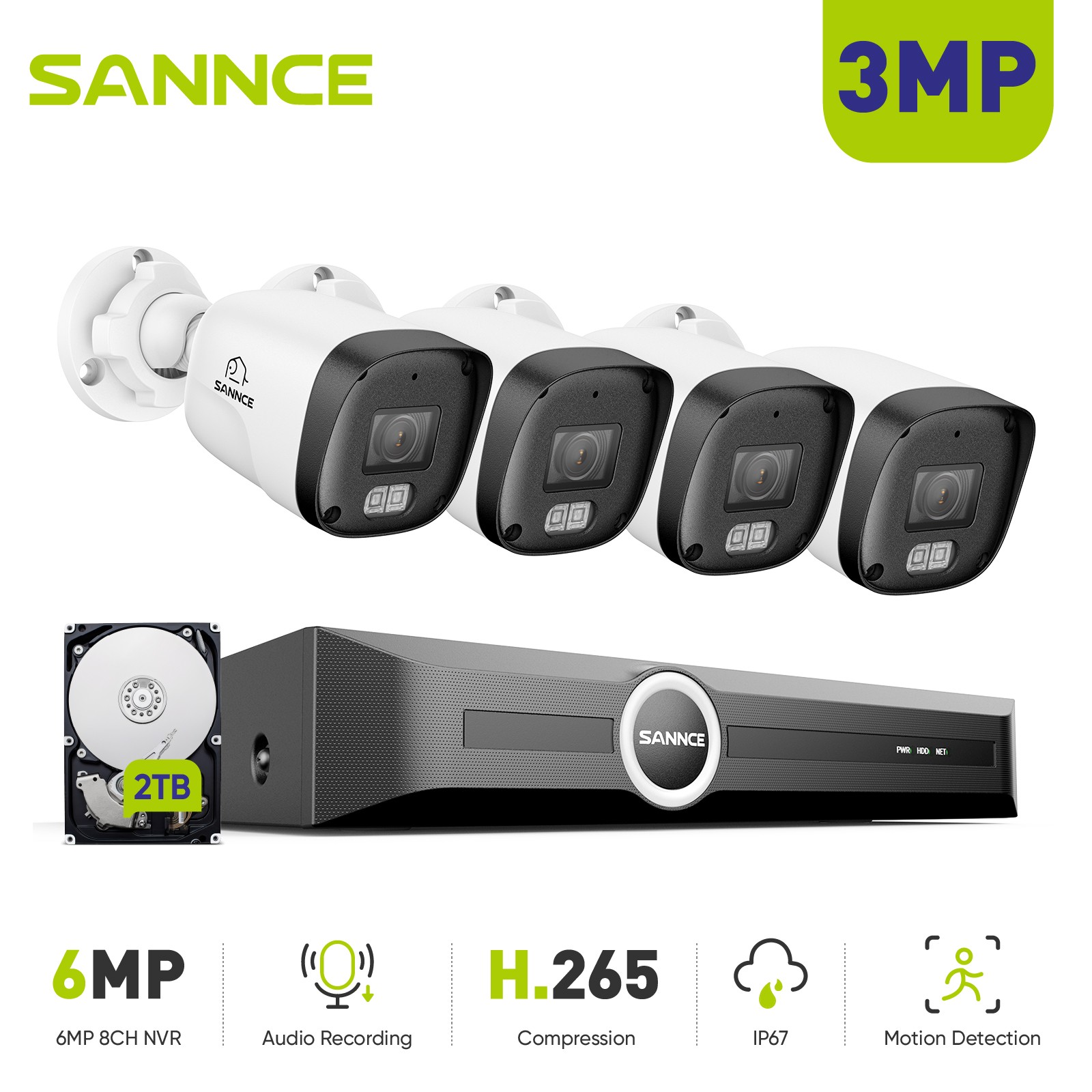 SANNCE 8CH 6MP NVR 3MP POE Security IP Camera System Audio Recording Outdoor 2TB
