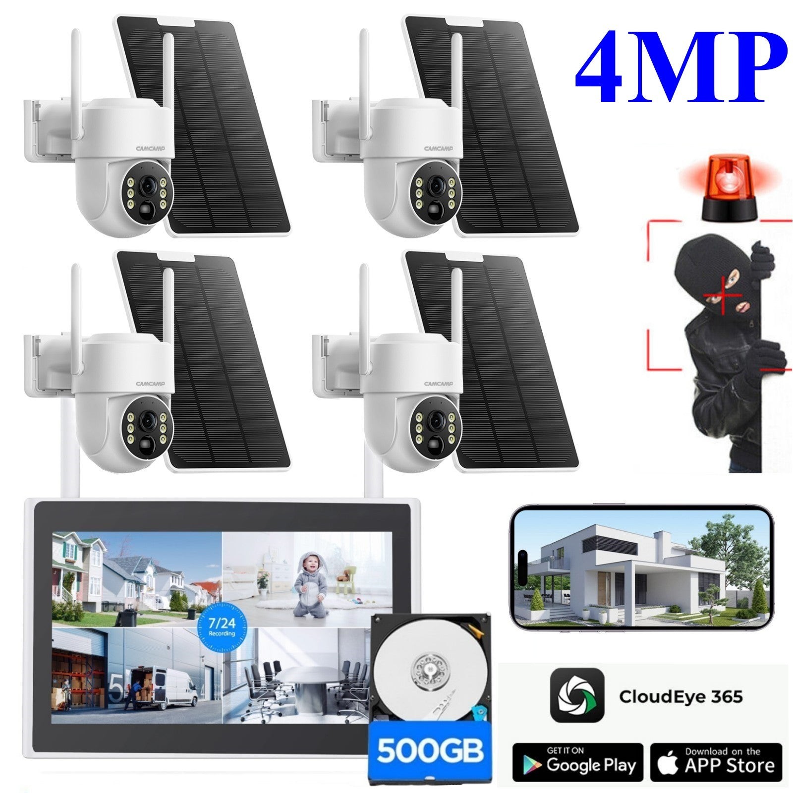 4MP PTZ Wireless Home Security Camera System Solar Wifi 10” Monitor NVR+500GB