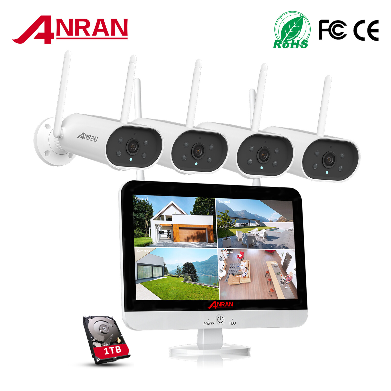 ANRAN Wireless Security Camera System Outdoor 8CH 12″ Monitor 2 Way Audio 1TB HD