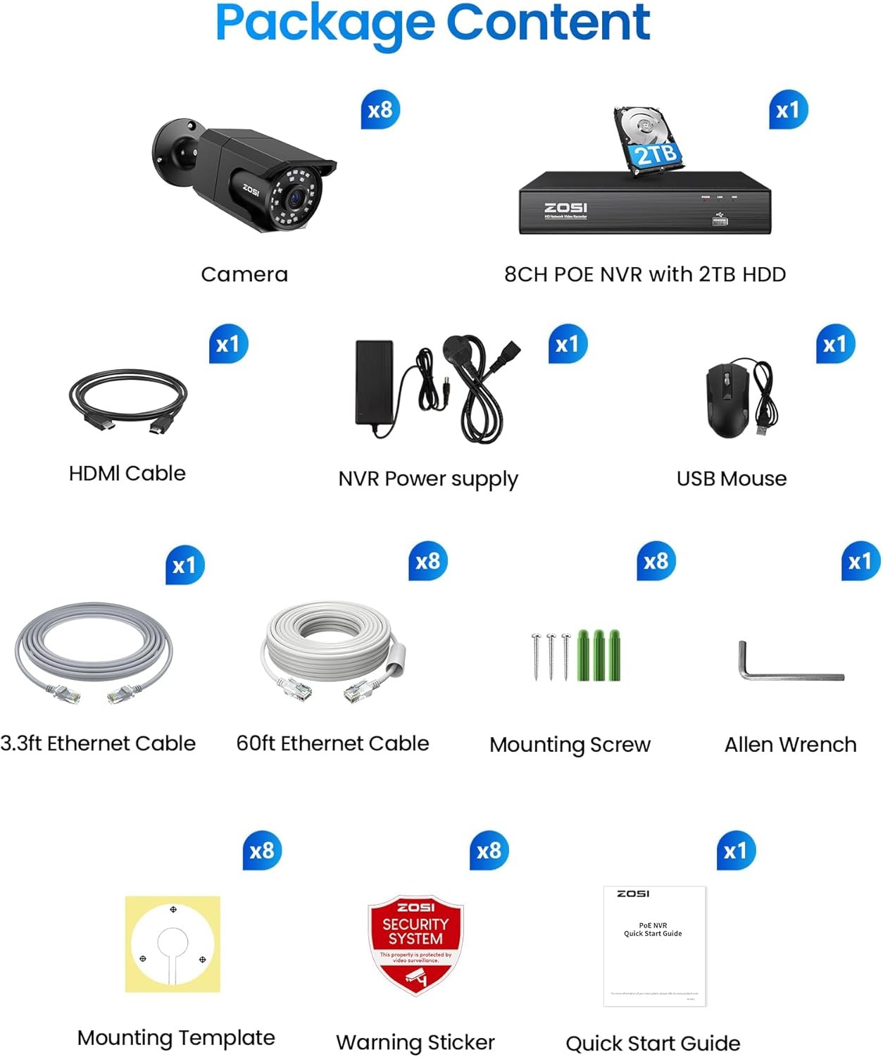 ZOSI UHD 4K PoE Security IP Camera System H.265+8CH NVR with 2TB HDD Human Detet