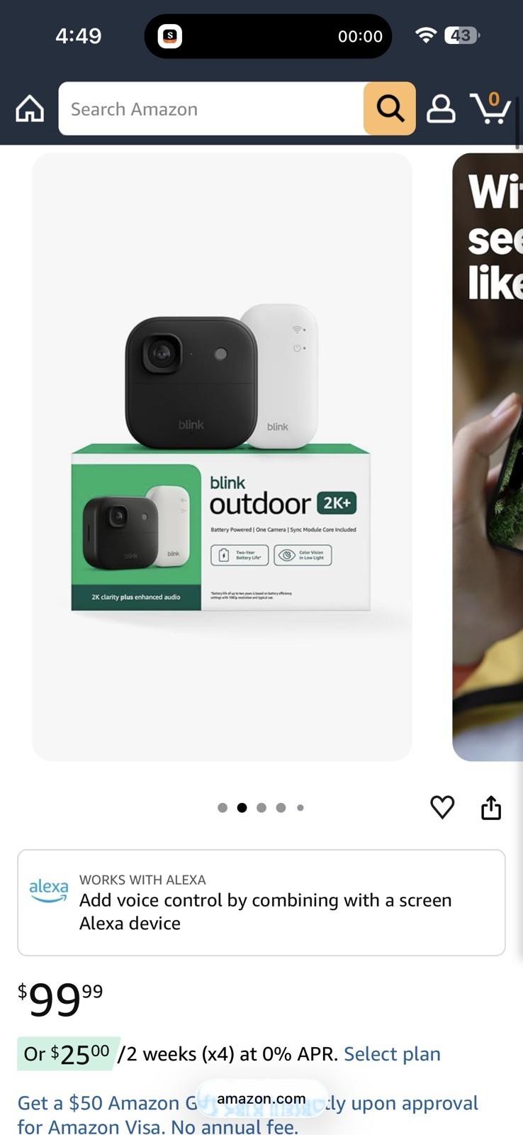 Blink Outdoor 2K+ 2K Wireless Wi‑Fi Battery Camera + Sync Module, Alexa