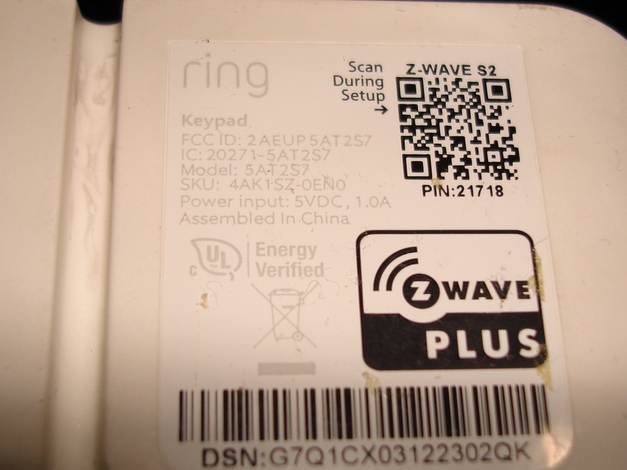 Ring 5AT2S7 (2nd Gen) White Wireless Z-Wave Home Security System Alarm Keypad