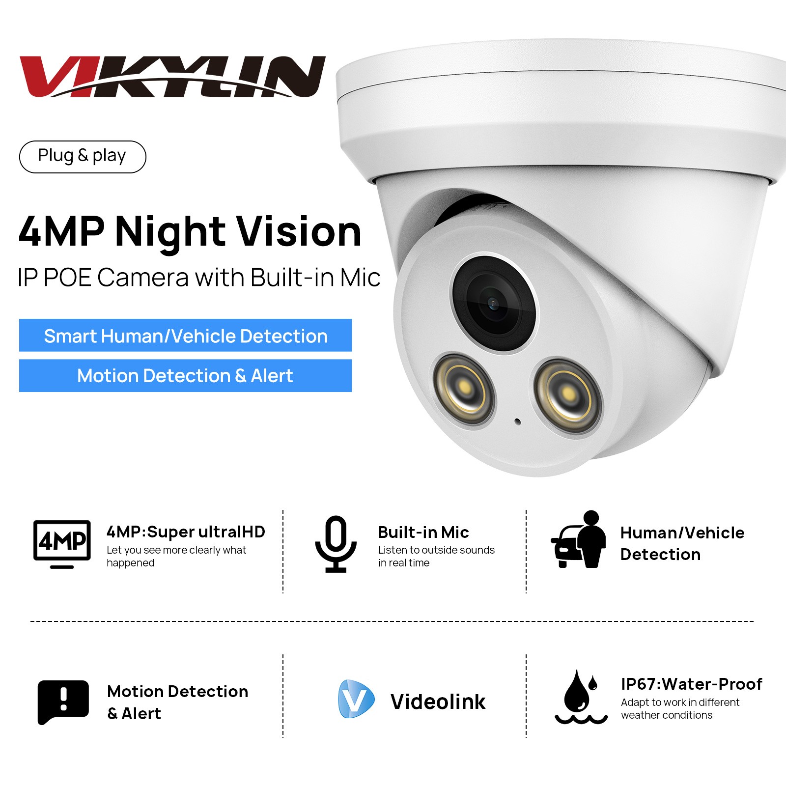 NEW VIKYLIN 8CH 8POE NVR Security Systems Turret IR30M 4MP IP CAMERA MIC Lot US