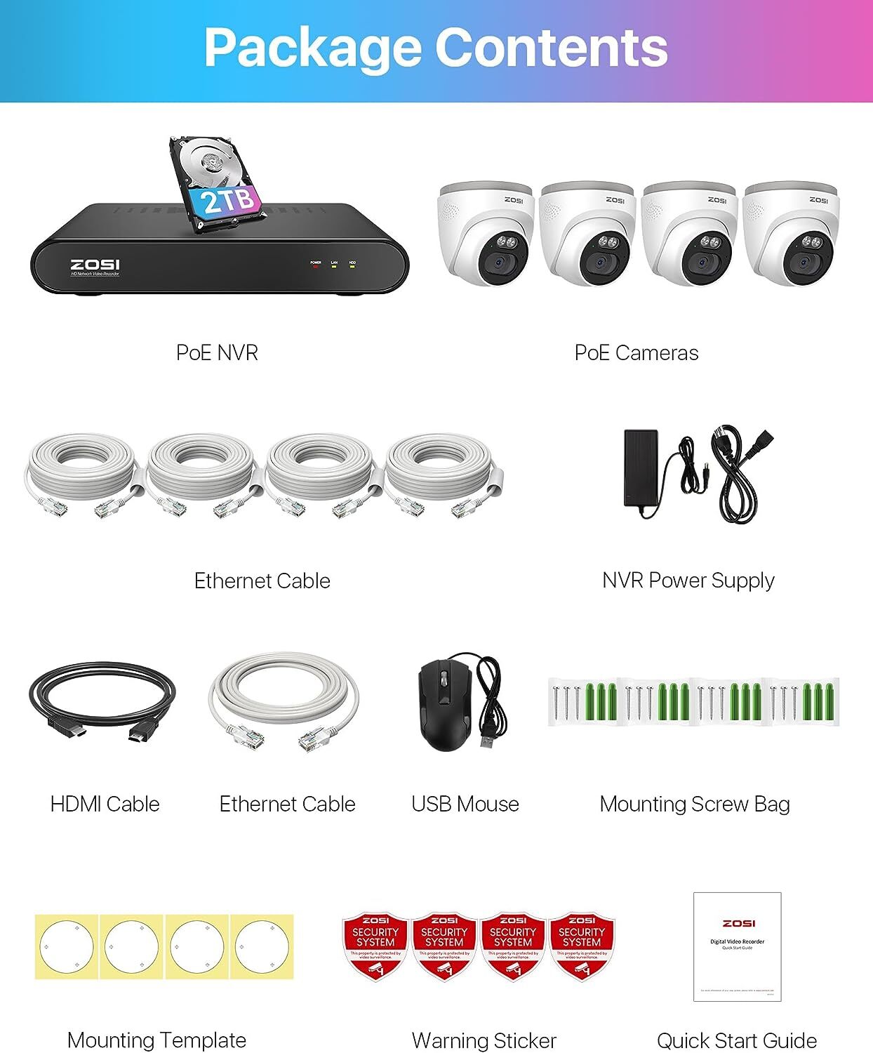 ZOSI 5MP 8CH NVR 4MP 2.5K PoE Security IP Camera System 2TB AI Human Detection
