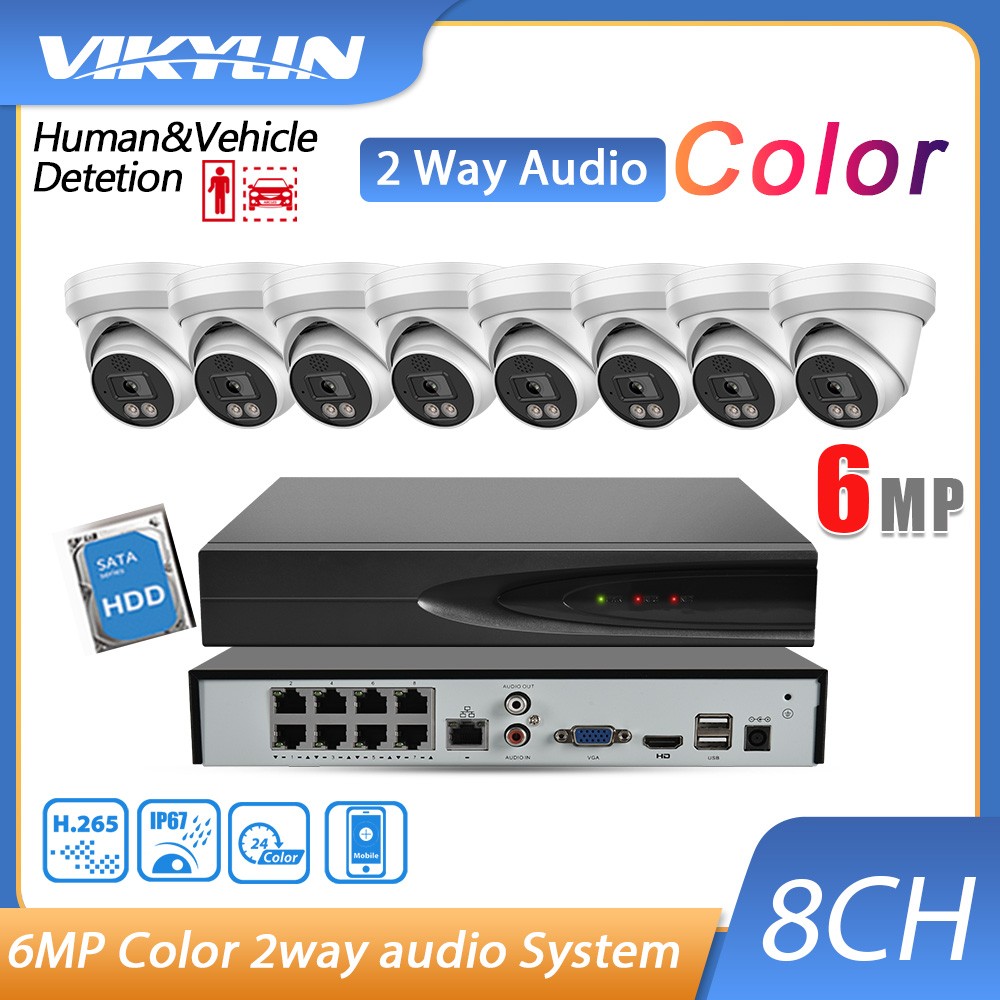 US Vikylin Color 6MP 2-Way Audio 8CH 8POE NVR Security IP Camera POE System Lot