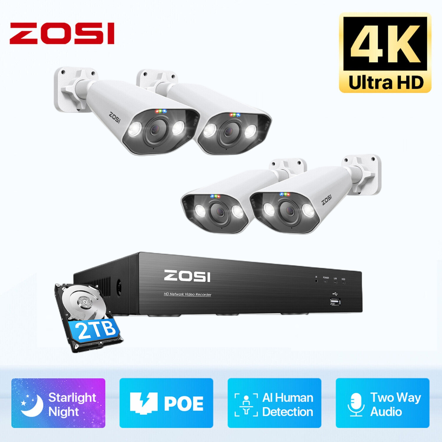 ZOSI 16CH/8CH NVR 4K 8MP POE Security Camera System Audio Recording IP Network